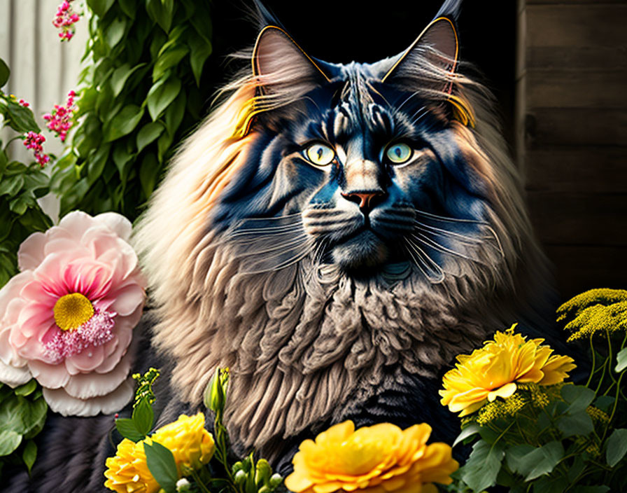 Digitally altered image: Cat with lion's mane in floral garden