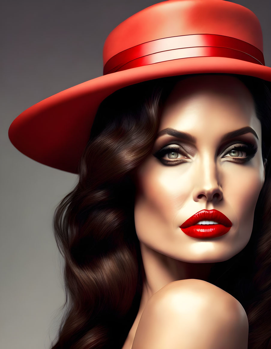 Glamorous woman with wavy hair in red hat and makeup