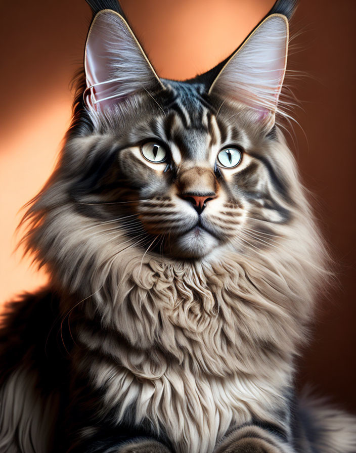 Maine Coon Cat Portrait with Luxurious Fur and Green Eyes