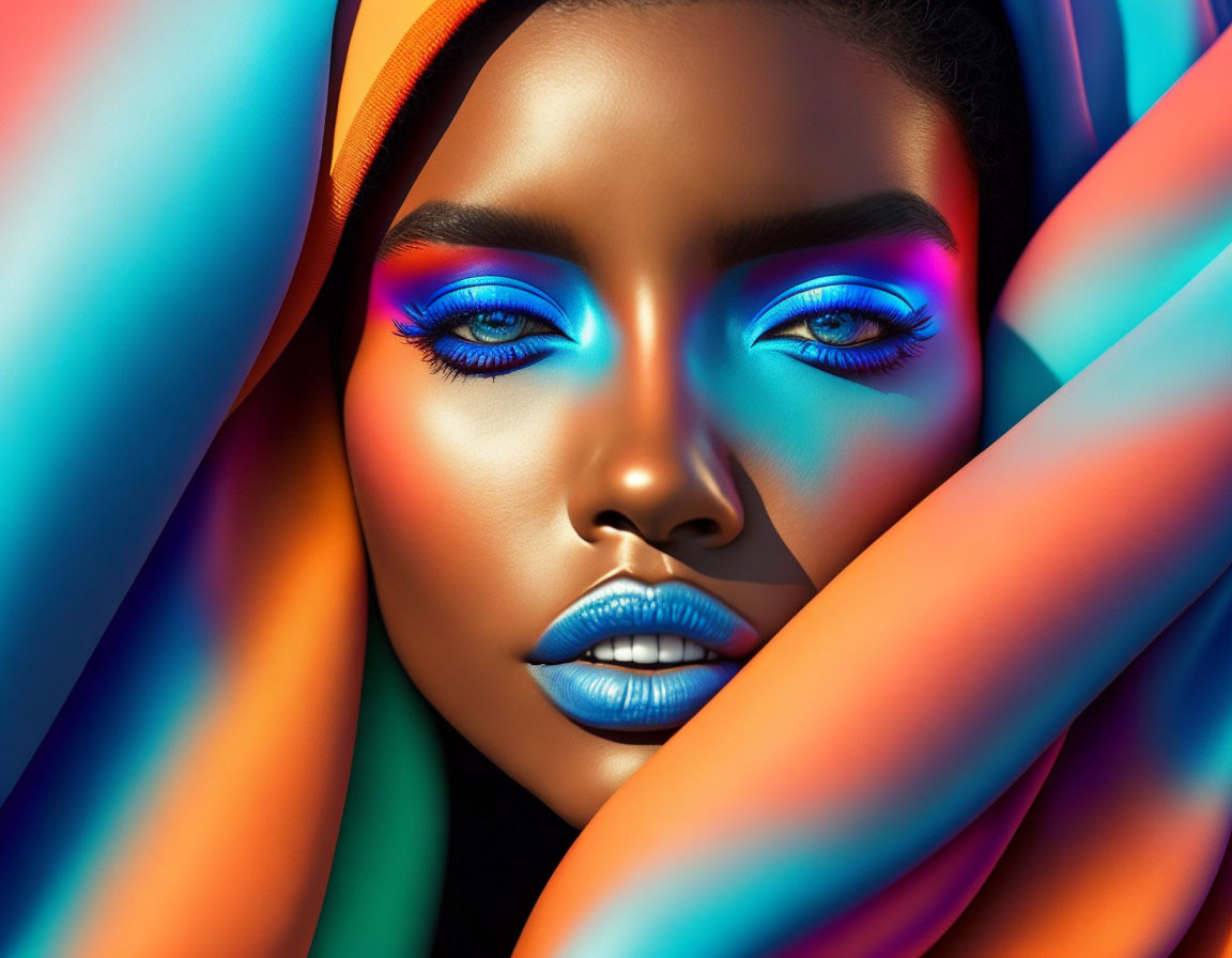 Striking Blue Eye Makeup with Colorful Flowing Fabric