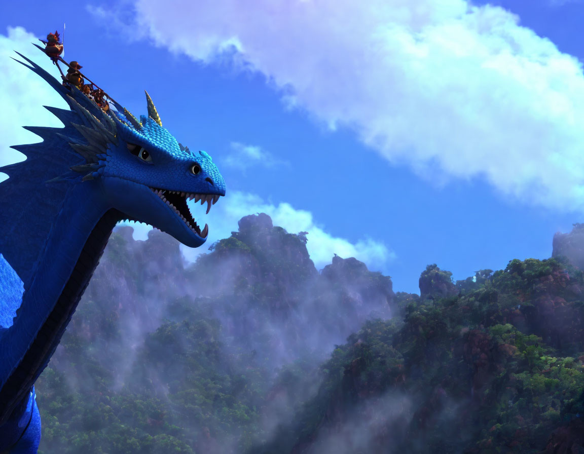 Colorful animated scene: Blue dragon with riders flying over misty green mountains.