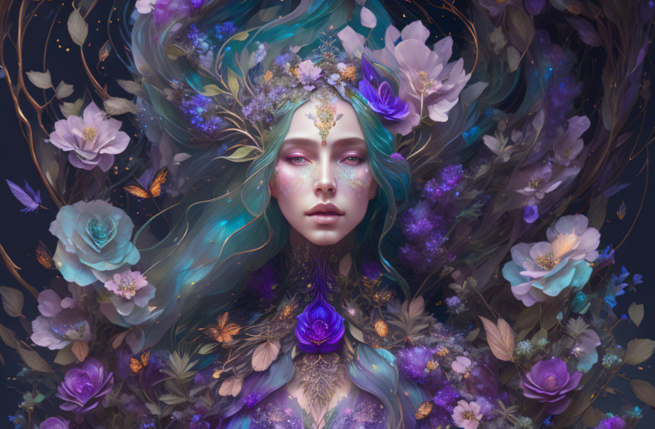 Colorful woman portrait with floral crown and blooming flora