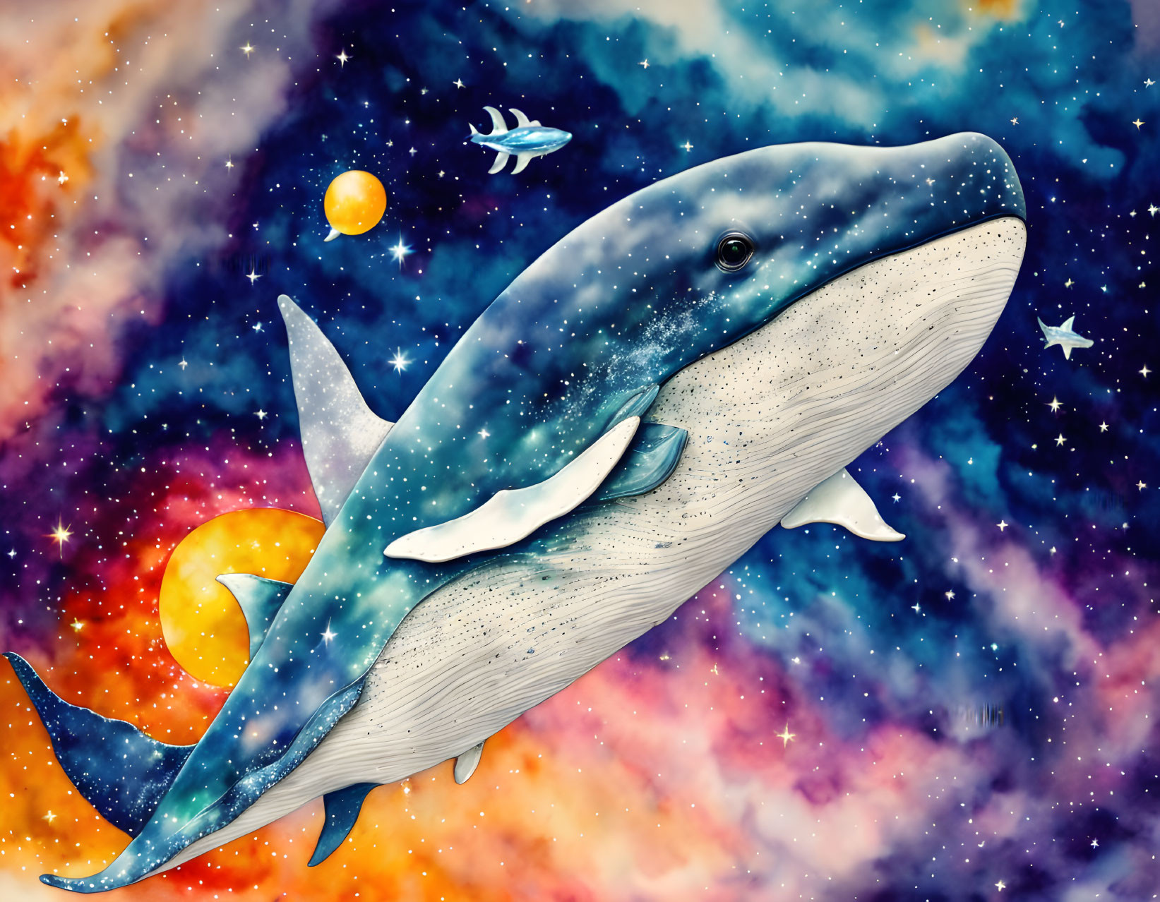 Blue whale with stars swimming in space with birds and nebulae