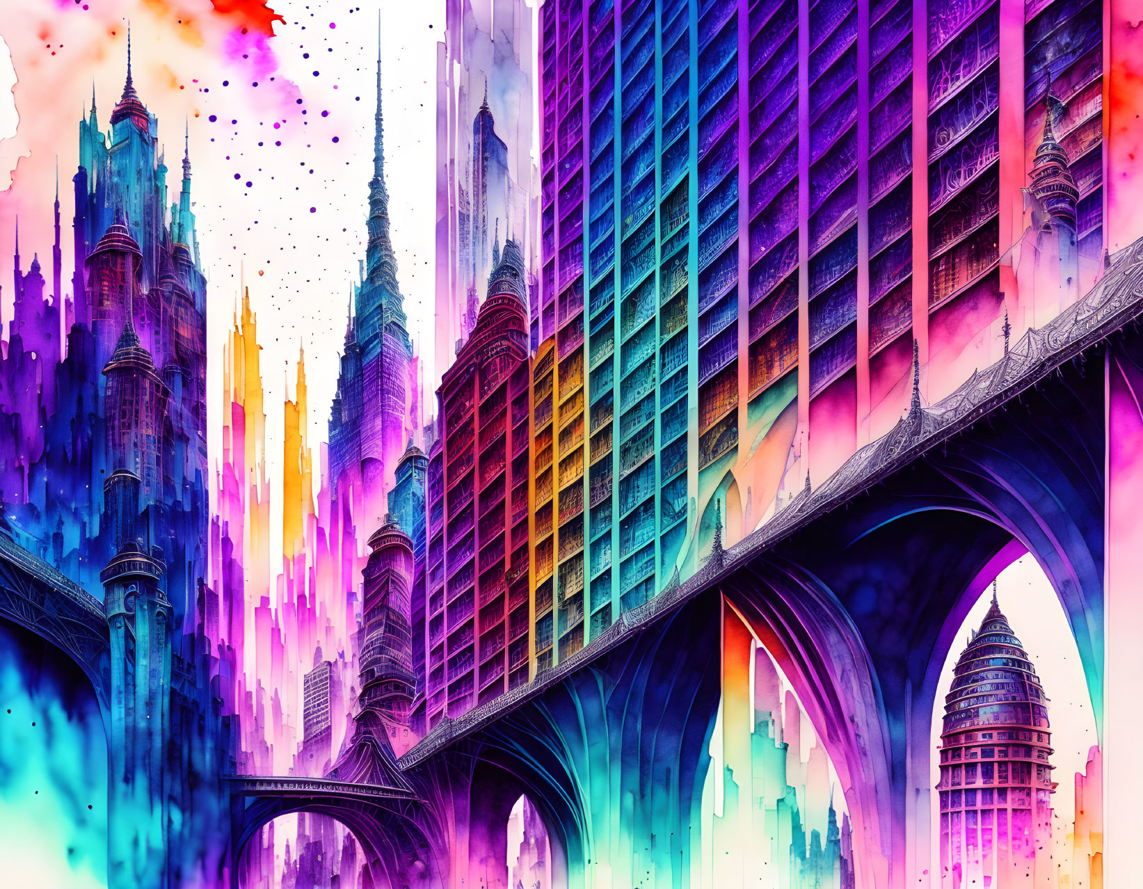 Colorful Cityscape with Neon Hues and Futuristic Architecture