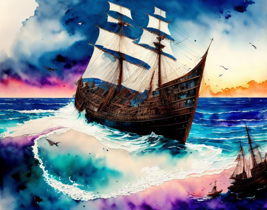 Vivid classic sailing ship art with colorful sky and sea