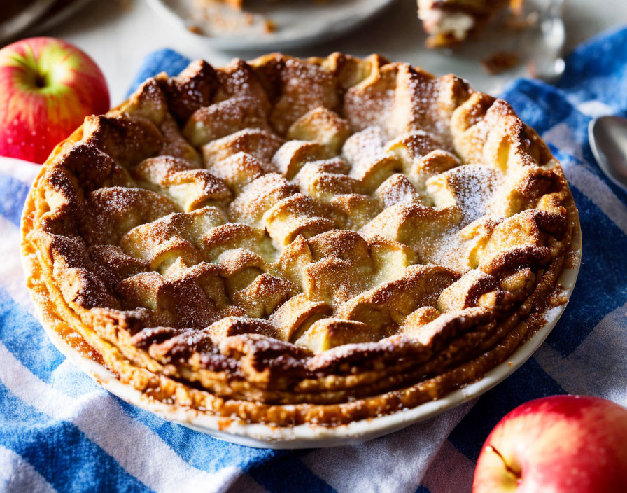 Golden Crusted Apple Pie with Powdered Sugar and Whole Apples