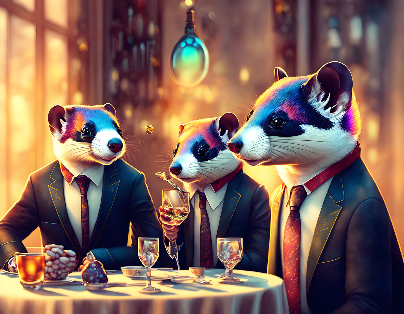 Anthropomorphic badgers in suits having a conversation at a table.