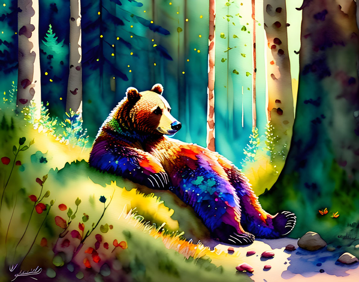 Colorful Watercolor Illustration: Bear with Rainbow Fur in Sunlit Forest