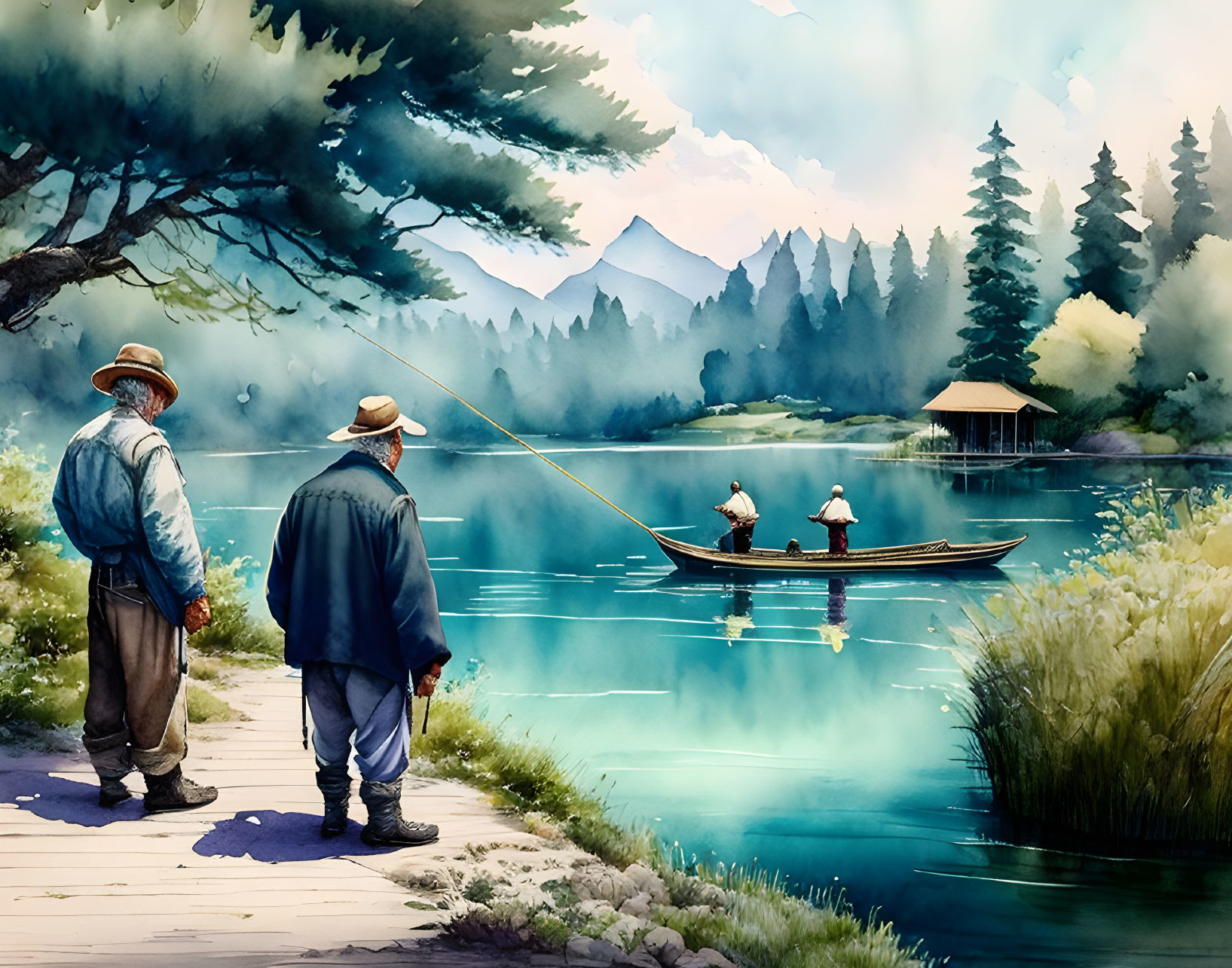 Tranquil lake scene with fishing individuals, boat, and mountains in watercolor