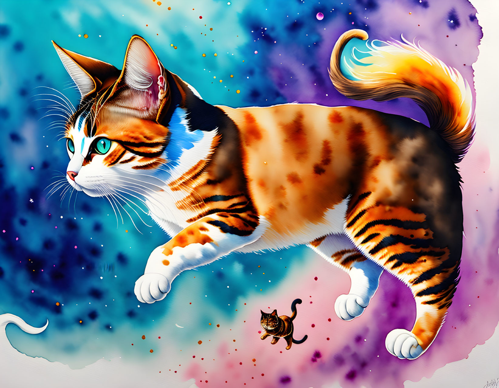 Colorful cosmic scene: Orange tabby cat and astronaut mouse illustration.