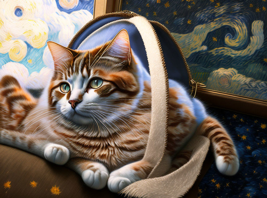 Tabby cat with green eyes on Starry Night-inspired backdrop.