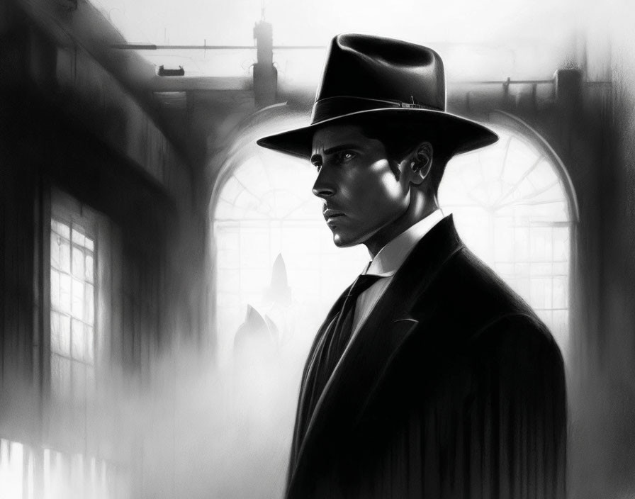 Monochrome illustration of a man in a fedora and suit in an industrial setting