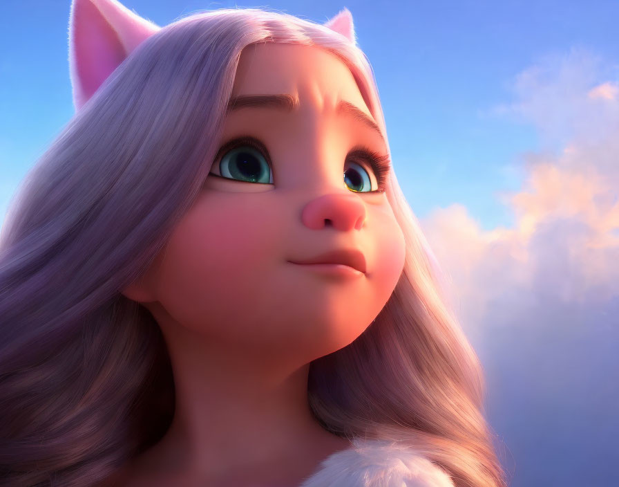 3D animated female character with cat ears and pink hair against cloudy sky