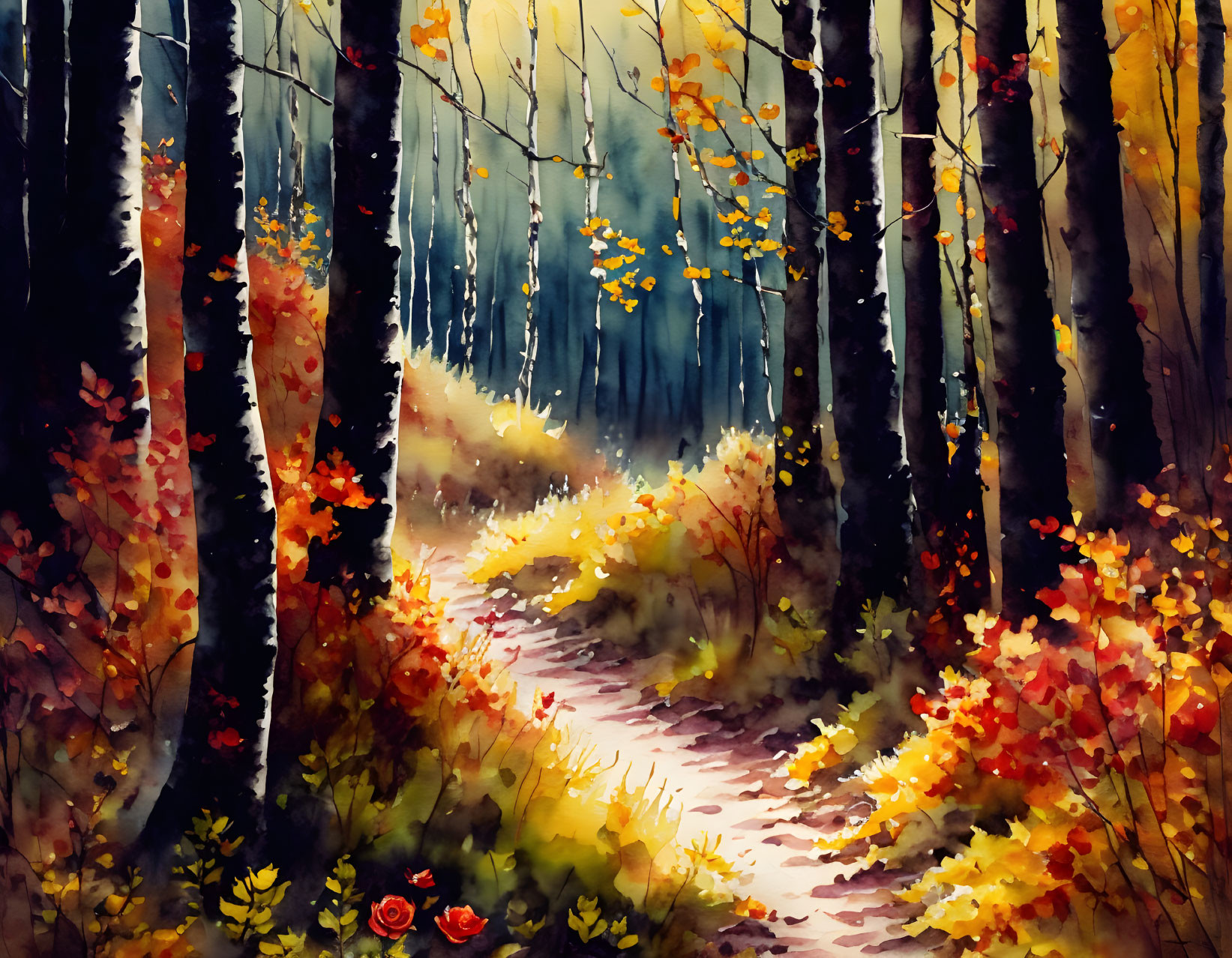 Autumn forest watercolor painting with winding path and colorful foliage