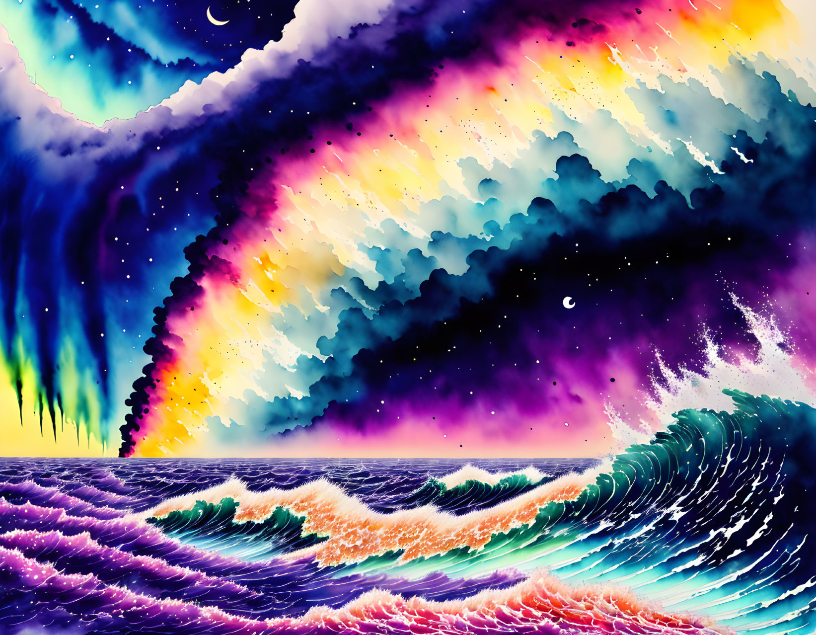 Psychedelic sky and ocean in digital artwork