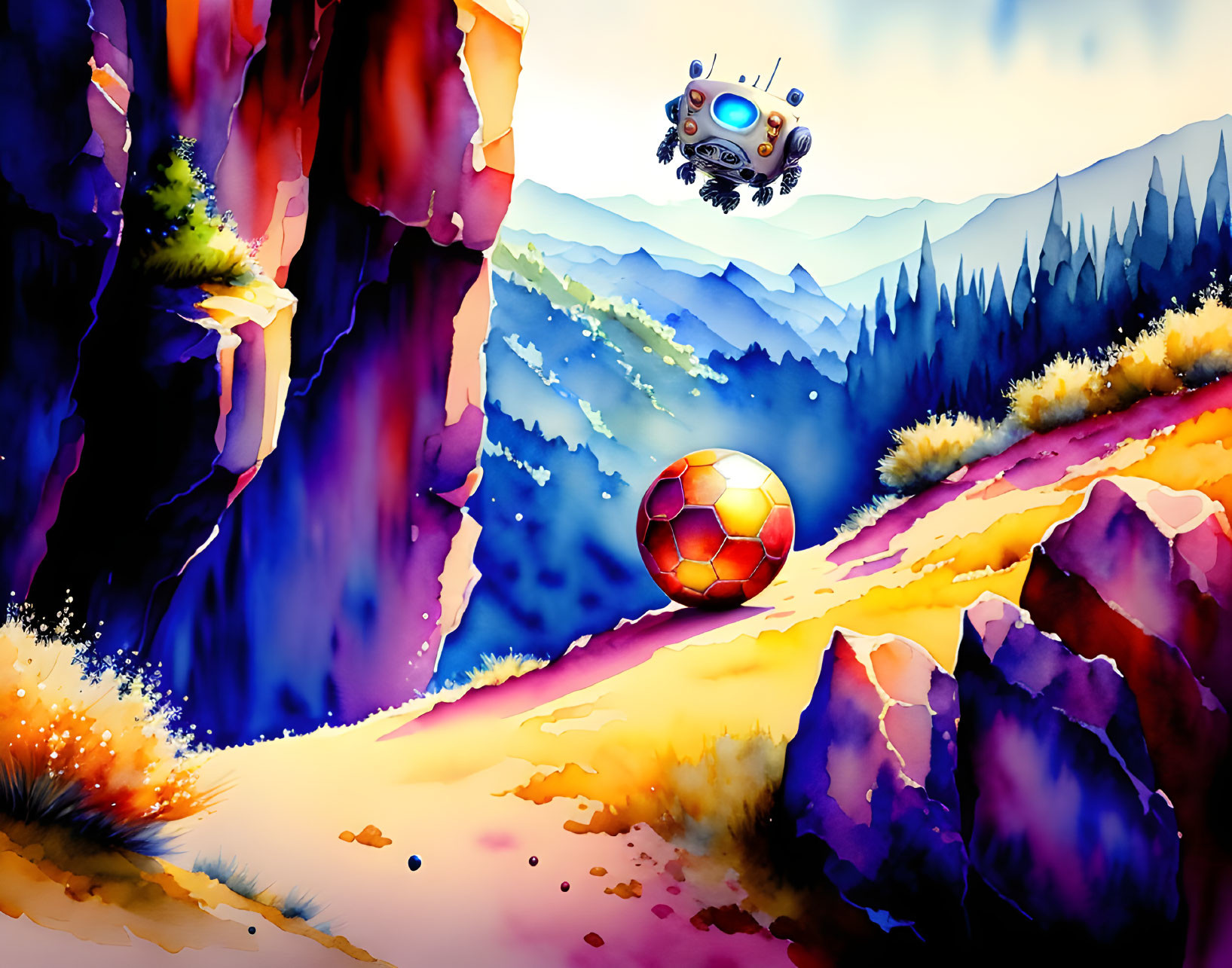 Colorful Stylized Landscape with Robot and Ball on Rocky Terrain