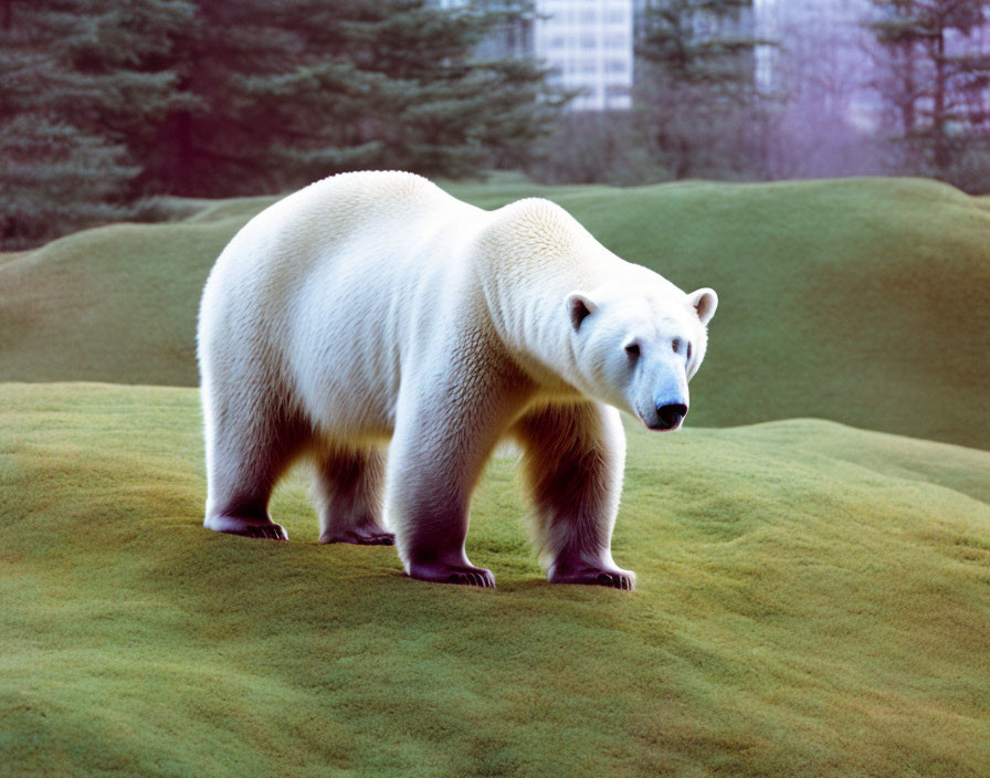 Polar bear on grassy hill with trees and building in background