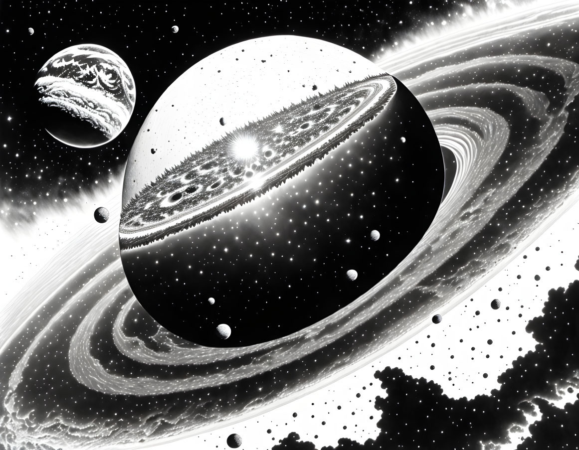 Monochrome celestial scene with detailed planets and ring systems