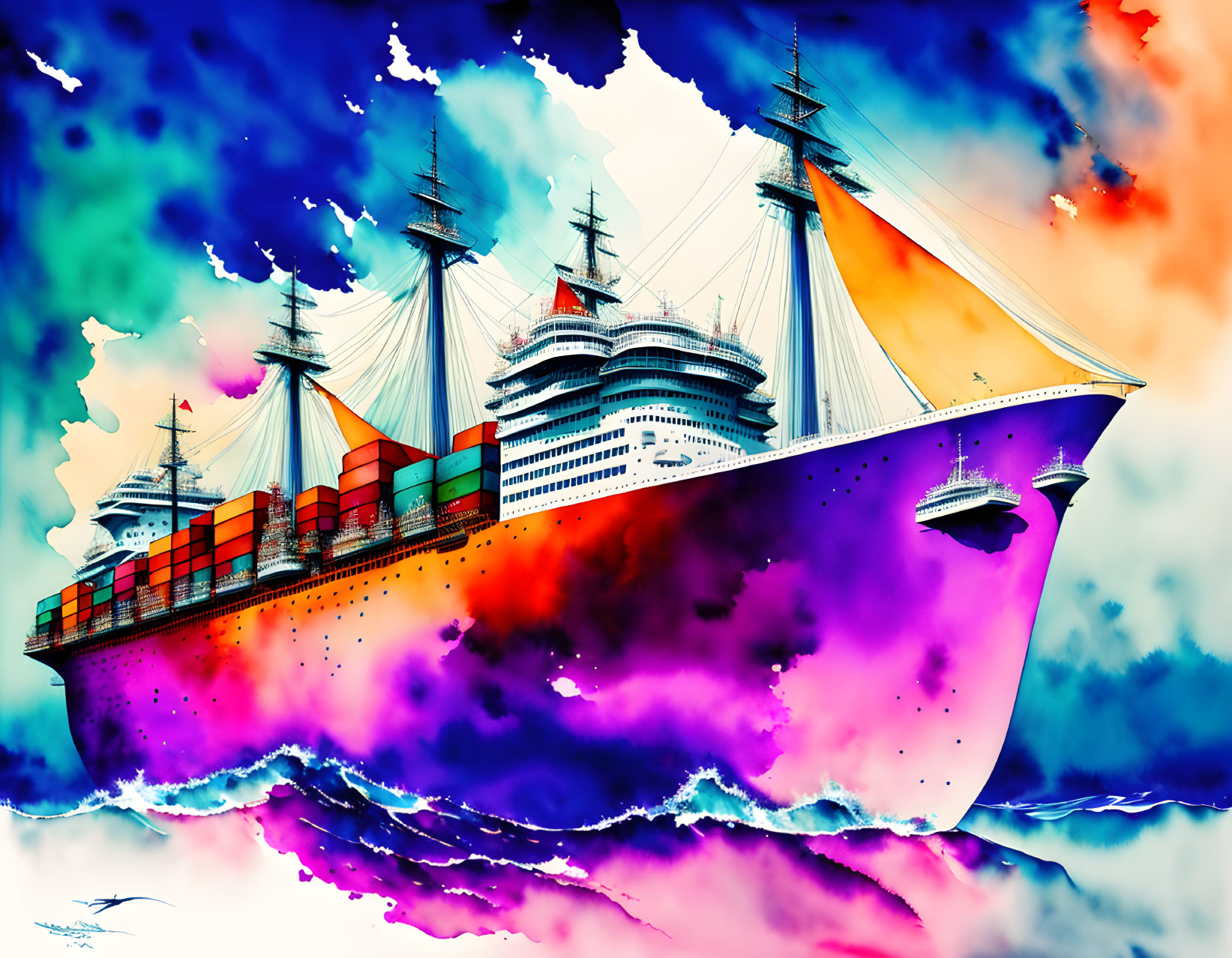 Colorful watercolor ocean liner sailing on tumultuous sea