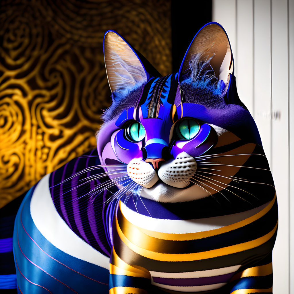 Colorful digital artwork: Cat with blue, purple, and orange fur & green eyes