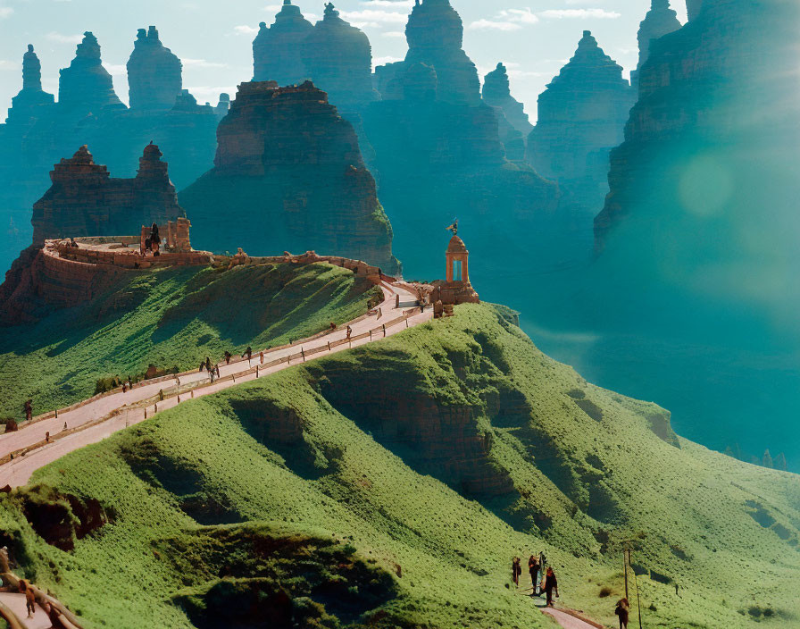 Scenic pagoda on green hilltop with sandstone pillars