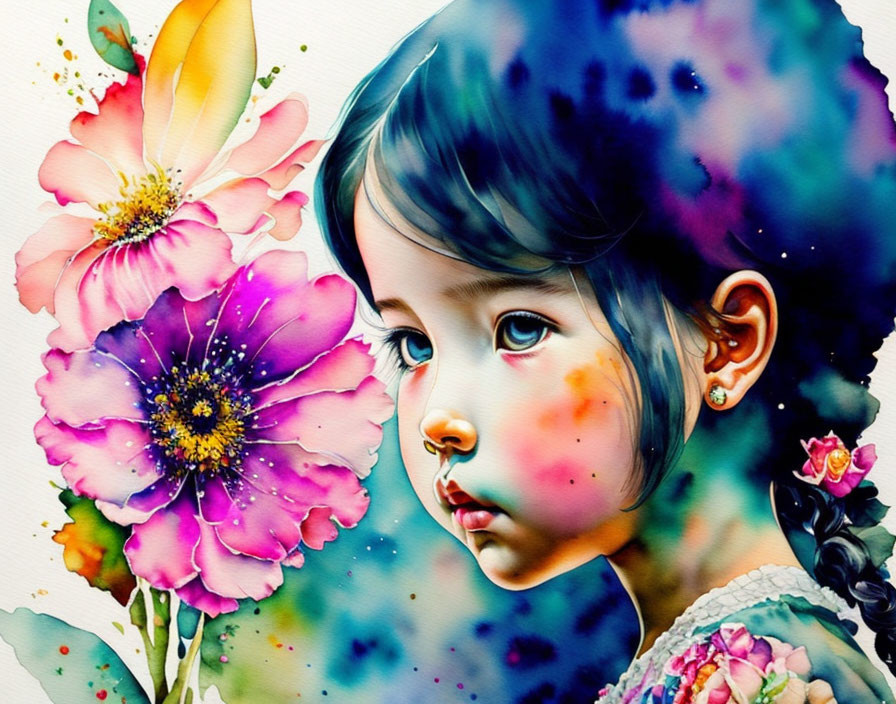 Colorful watercolor painting of young girl surrounded by blooming flowers