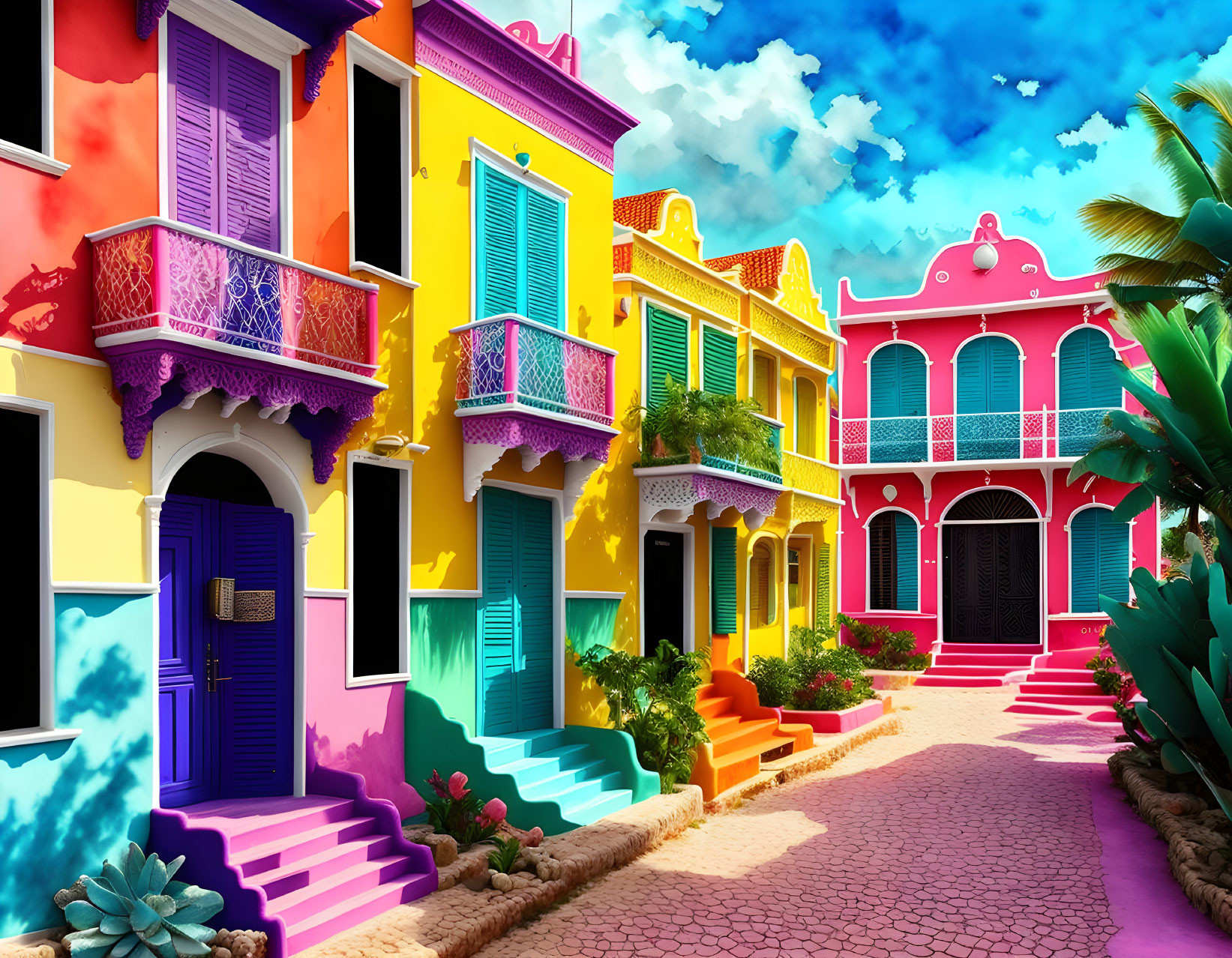 Colorful buildings and ornate balconies on cobblestone street under blue sky