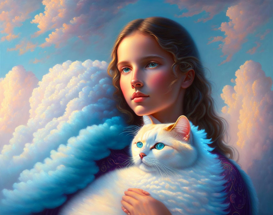 Portrait of young woman with white cat and clouds