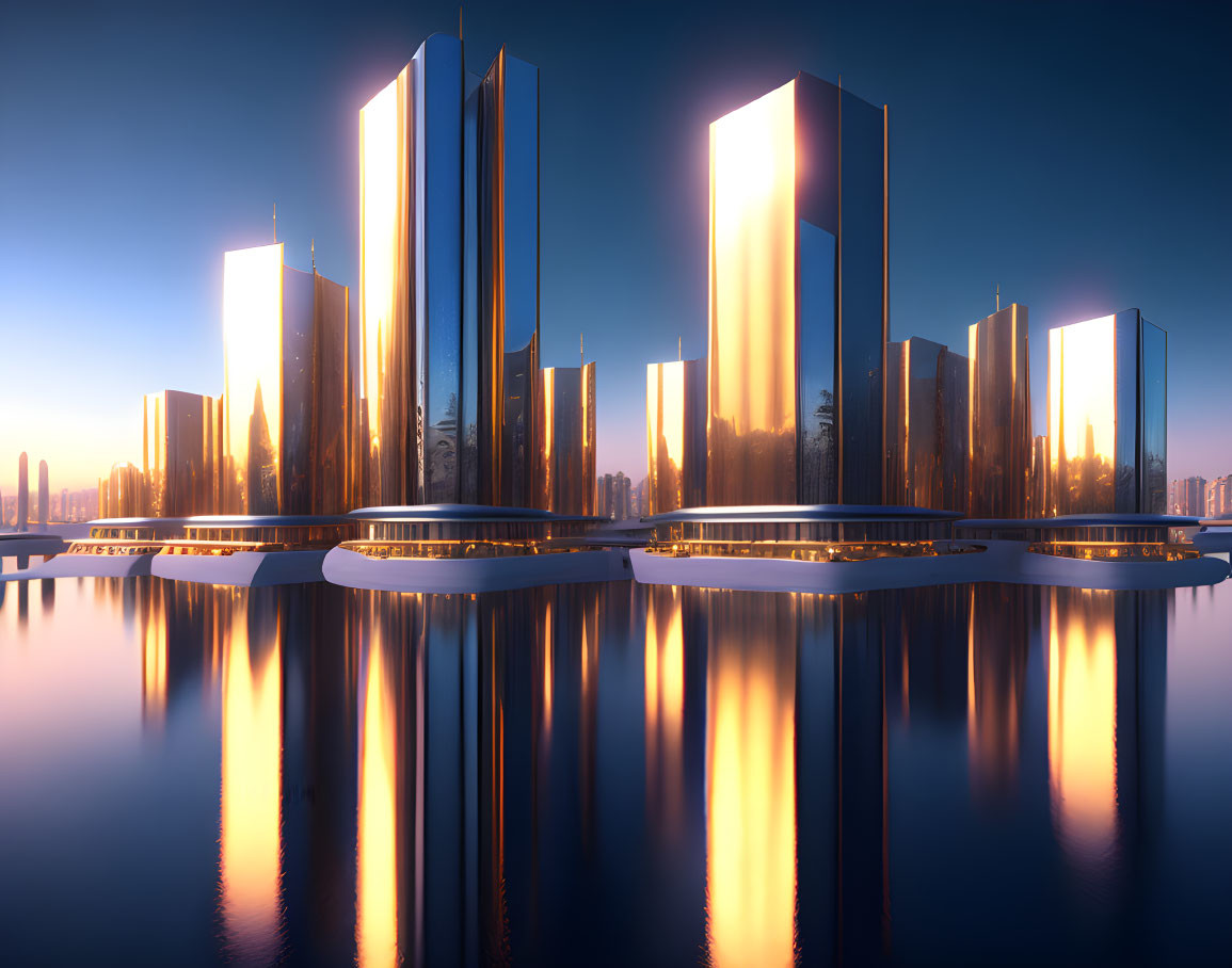 Modern city skyline with sunset reflections on skyscrapers over water.