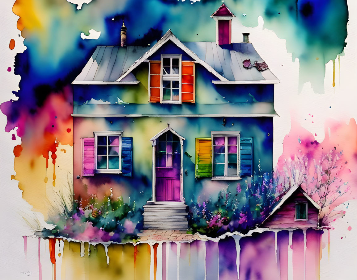 Colorful Watercolor Painting of Whimsical Two-Story House