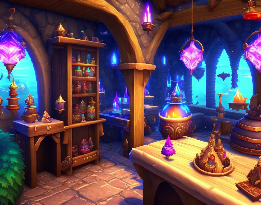 Fantasy interior with purple crystals, potion bookshelf, and wooden architecture