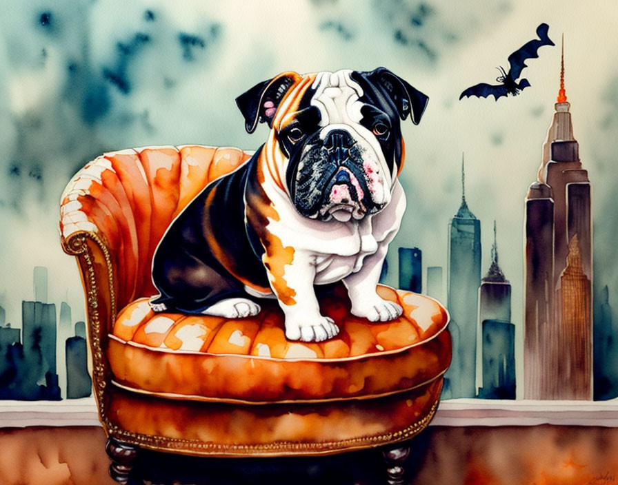 Vibrant watercolor: English Bulldog on vintage sofa with skyline and bat.