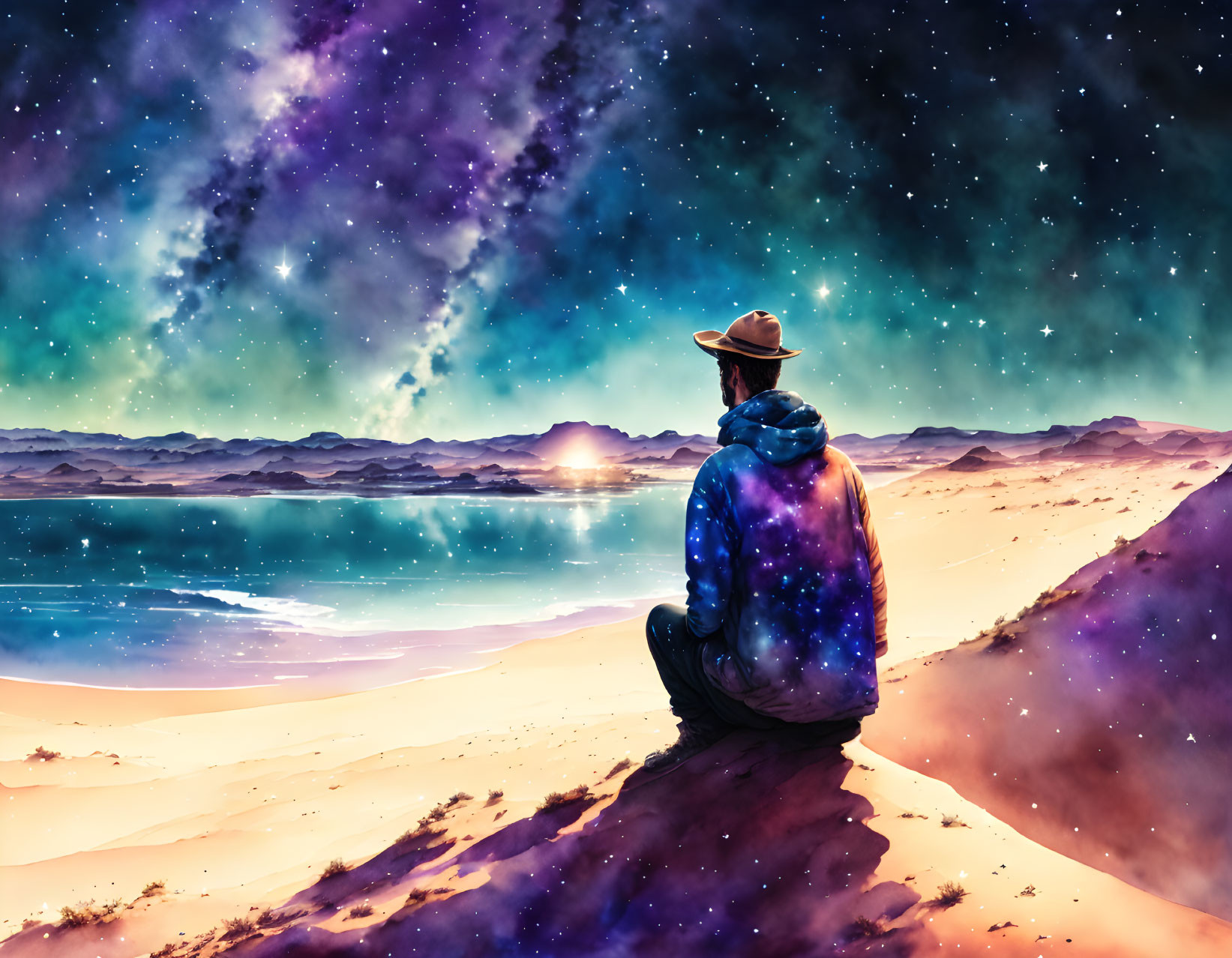 Person in Cosmic Patterned Hoodie Contemplating Starry Desert Night