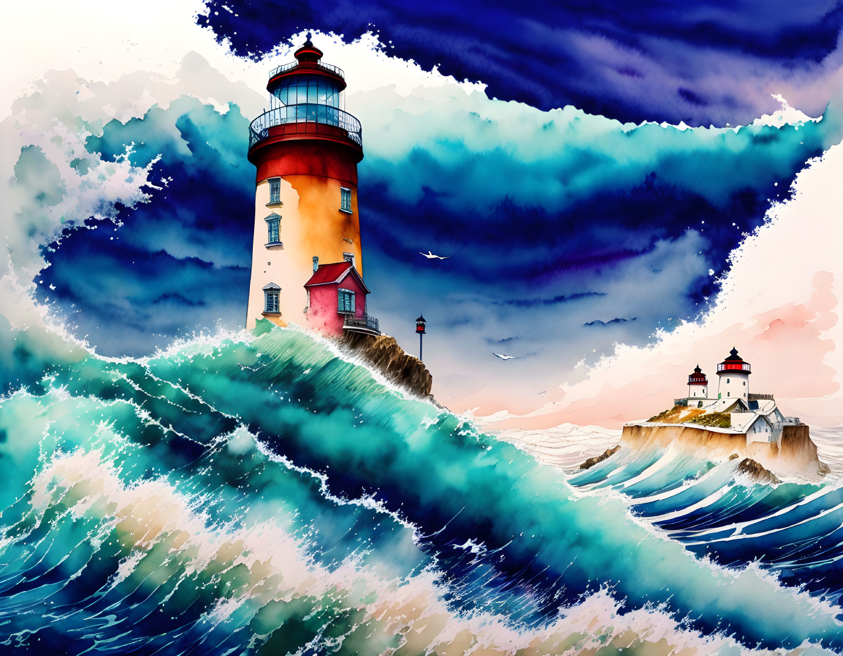 Illustration of two lighthouses in stormy seas