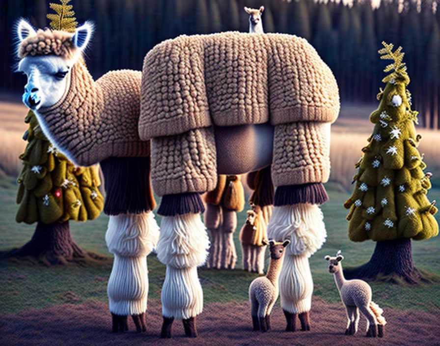 Multiple alpacas with elongated legs in a forest, some in winter apparel, near a Christmas