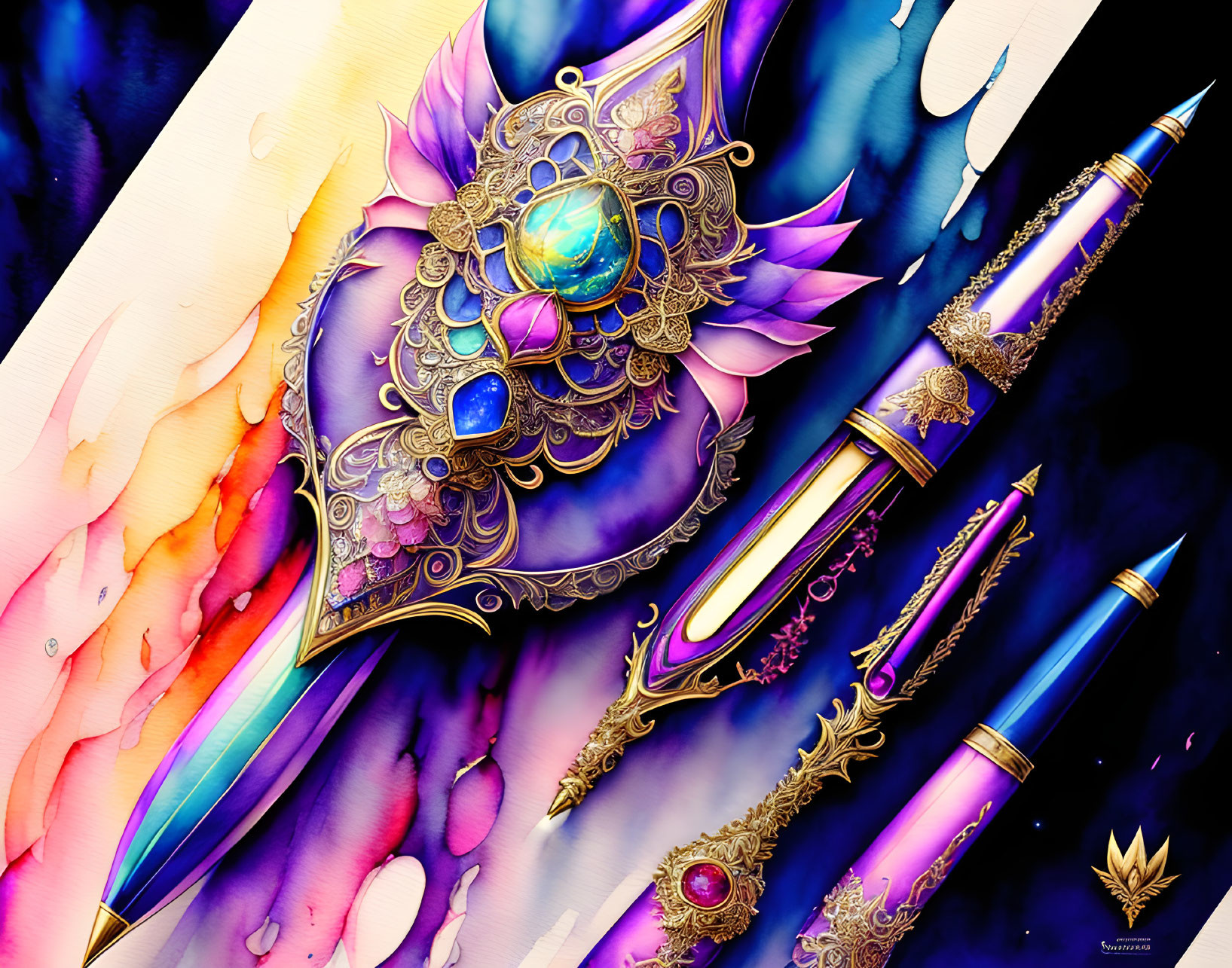 Ornate jeweled dagger on colorful abstract background