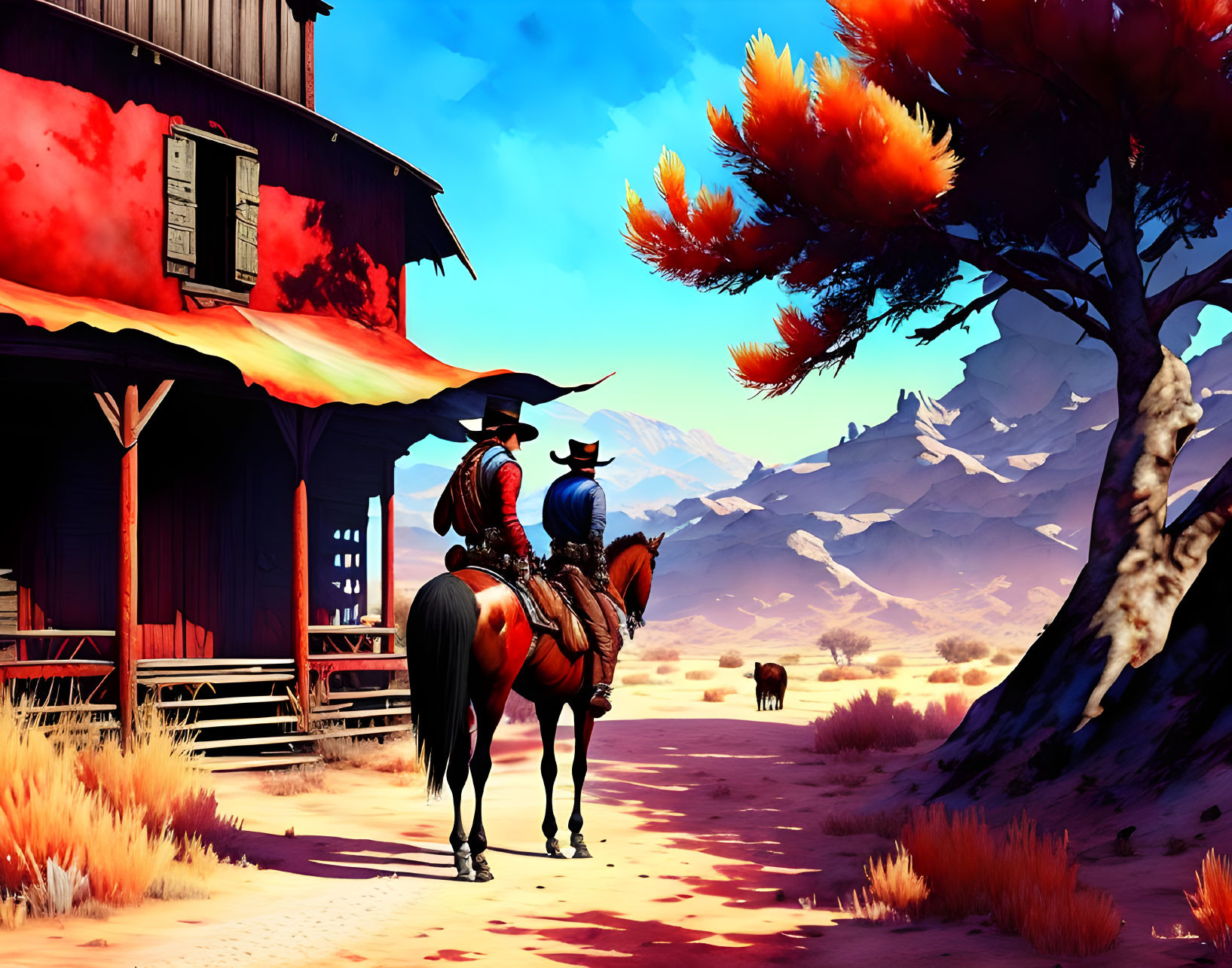 Cowboy riding horse near rustic building in autumn landscape.