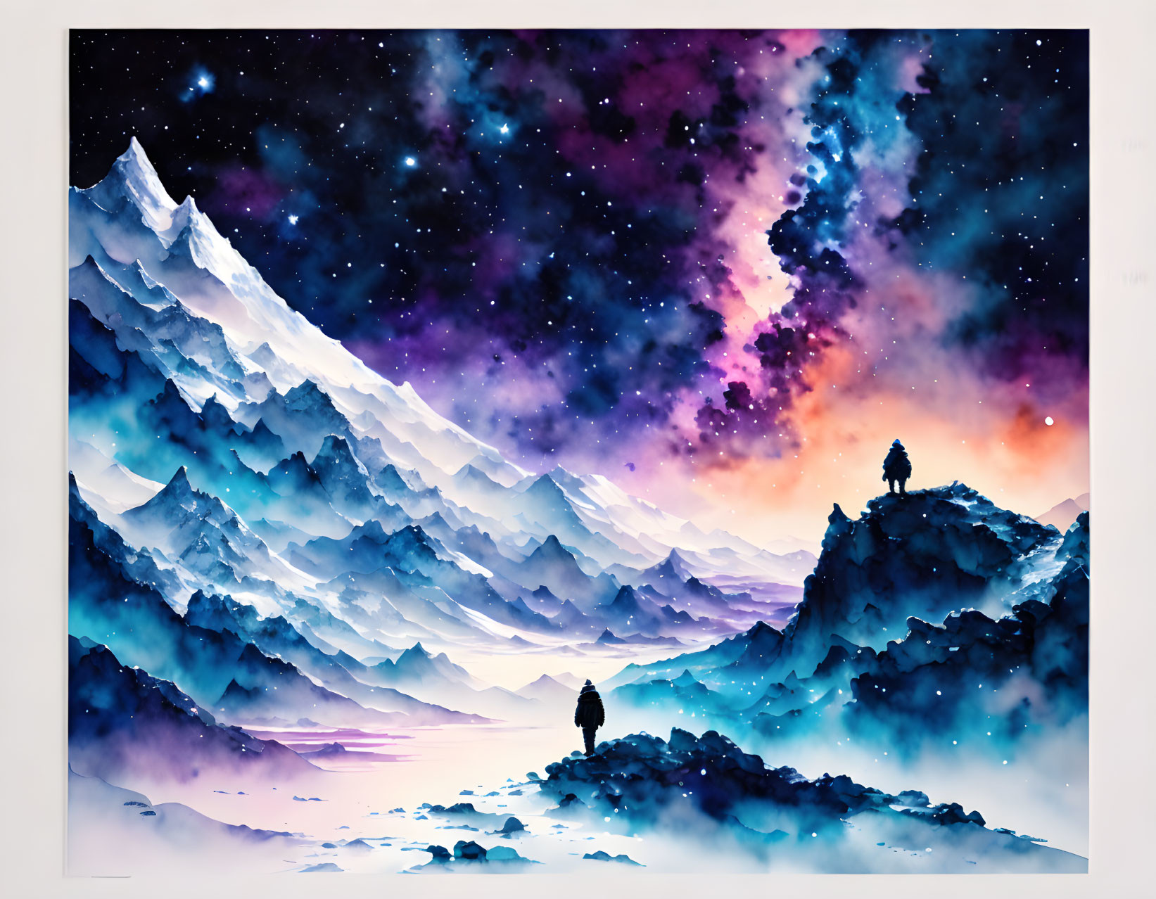 Watercolor painting of two figures under starry sky and mountain landscape