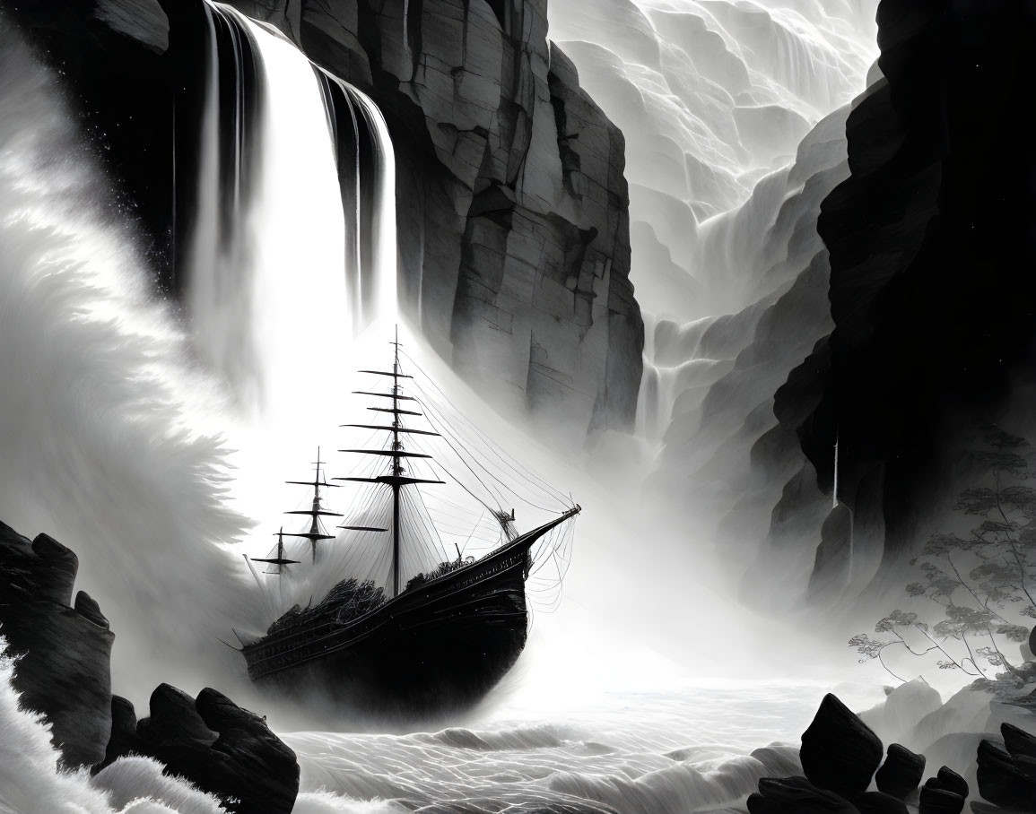 Monochromatic illustration of tall ship in turbulent waters.