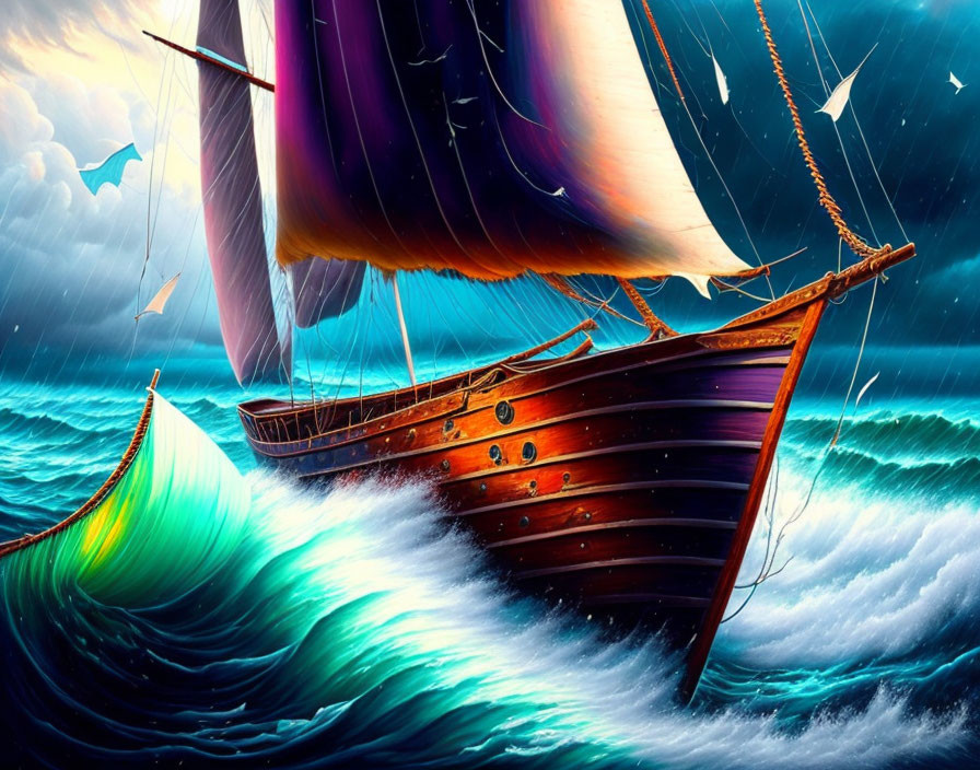 Majestic ship with violet sails on turbulent blue ocean waves