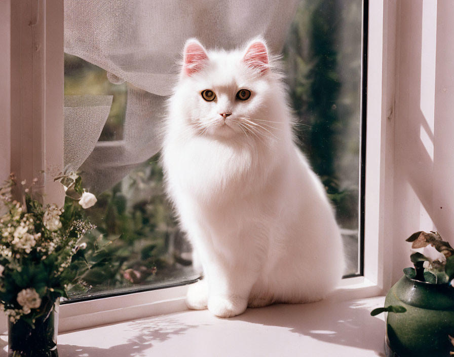 Fluffy white cat with captivating eyes on sunny windowsill with plants