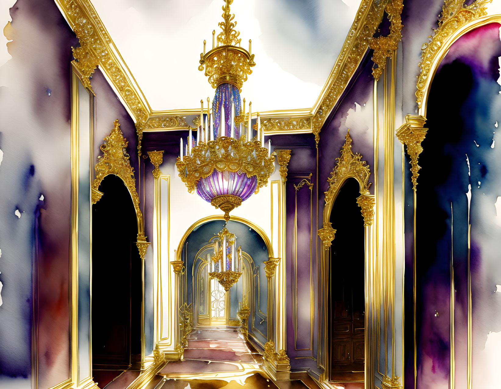 Luxurious corridor with golden arches, large chandelier, and purple hues: opulent and dream