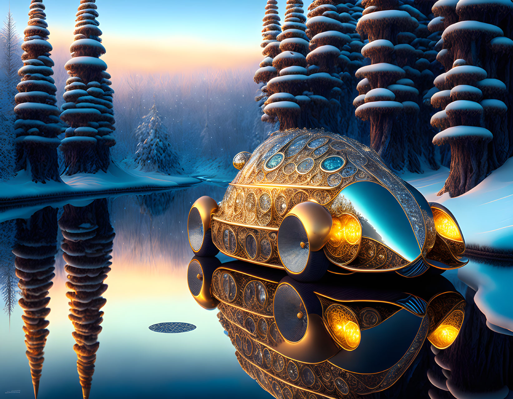 Intricate gold-patterned futuristic vehicle in serene snow-covered forest