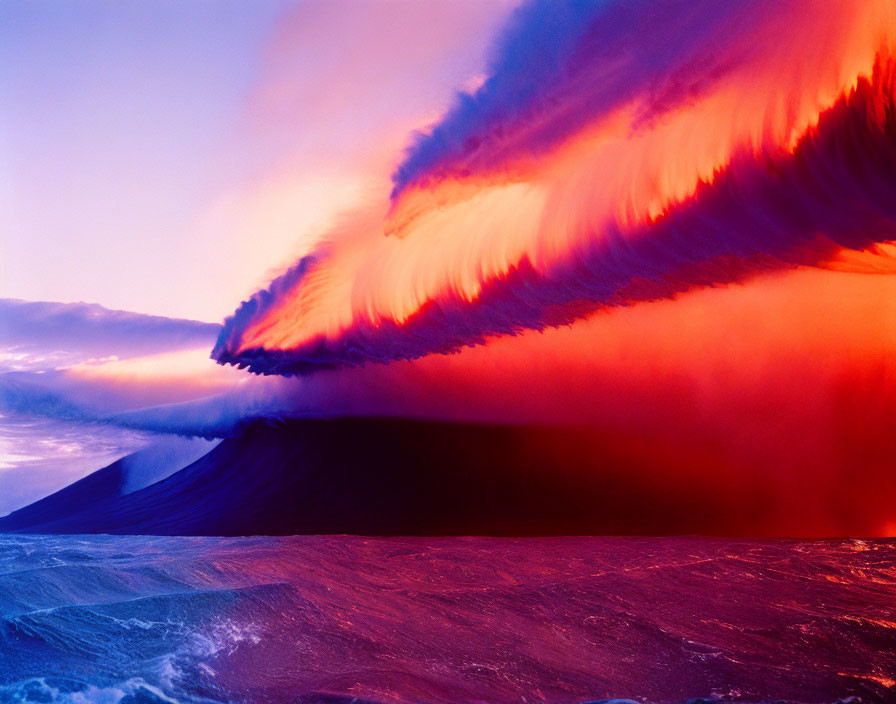 Dramatic sunset colors over silhouetted volcano and ocean