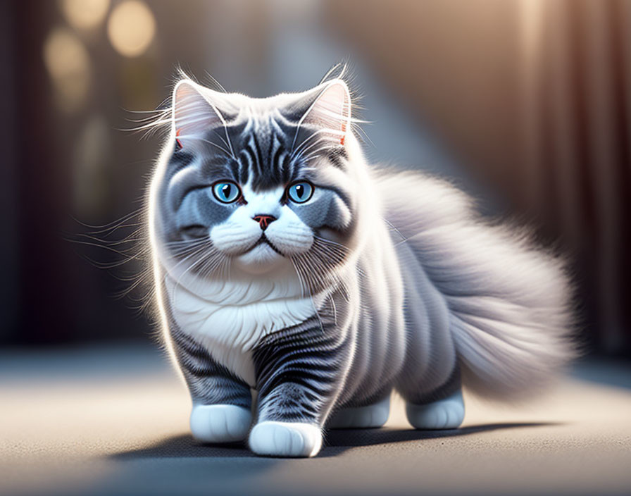 Fluffy Gray and White Cat with Blue Eyes and Whiskers on Smooth Surface