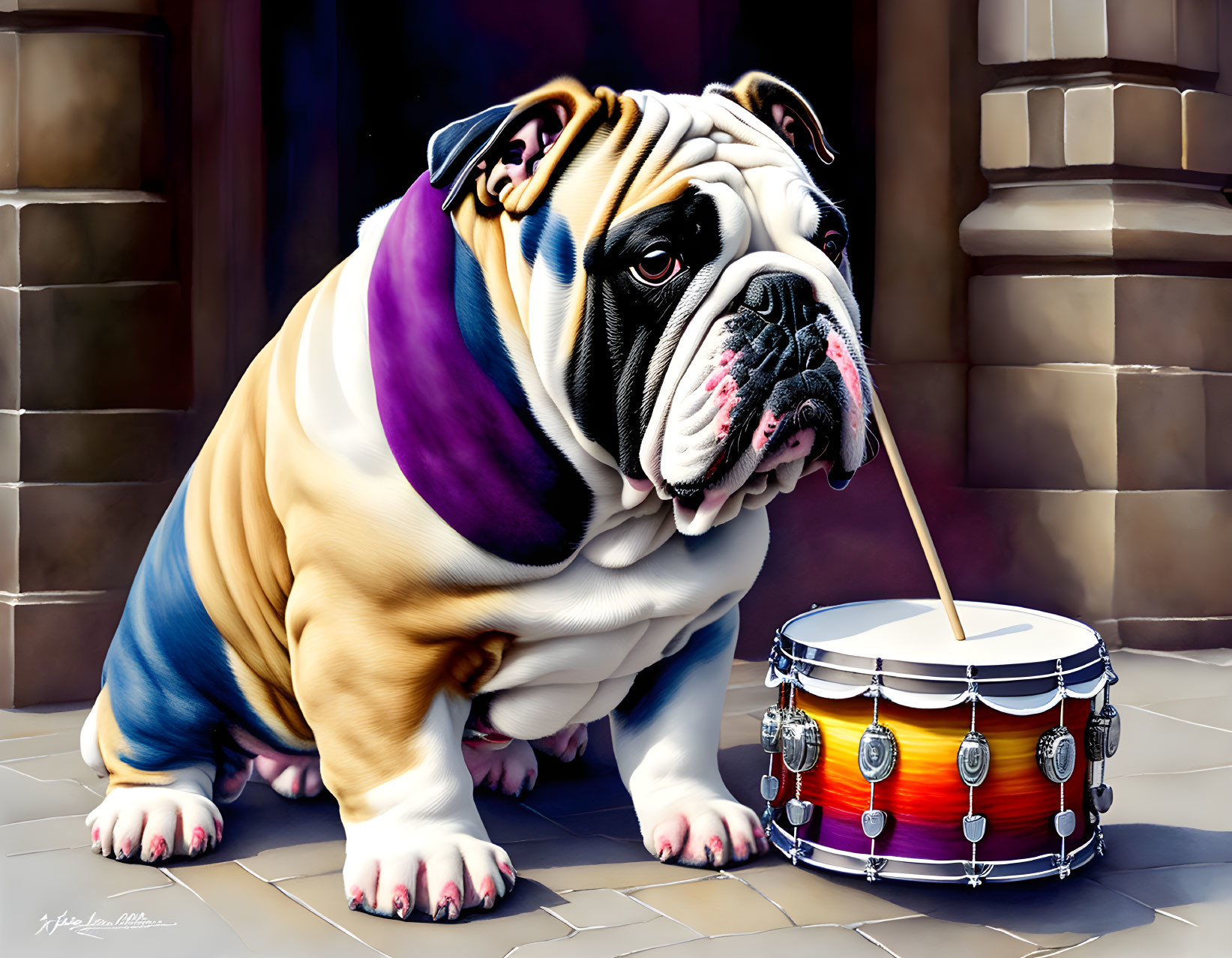 Colorful Bulldog Painting Next to Snare Drum Against Building Backdrop