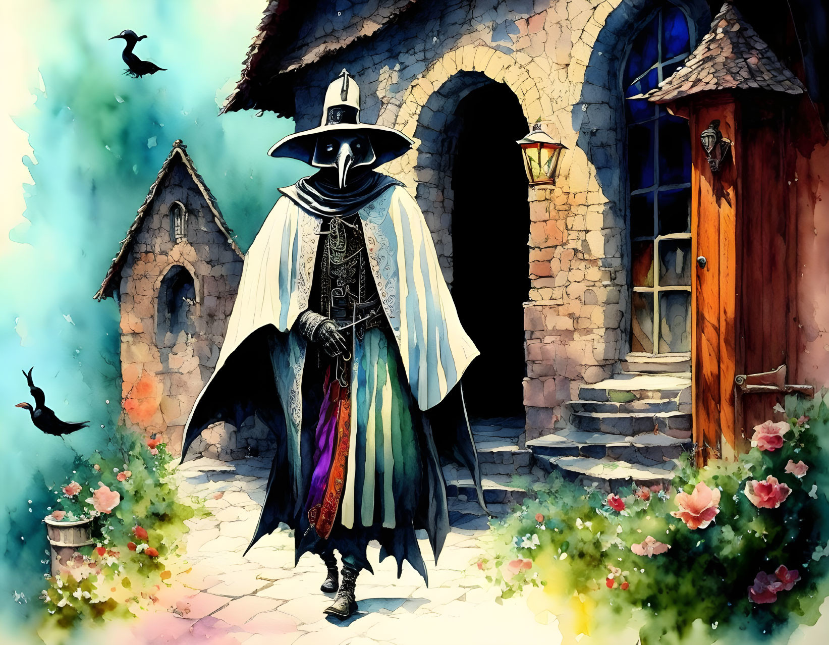 Plague doctor in beaked mask in historical village setting