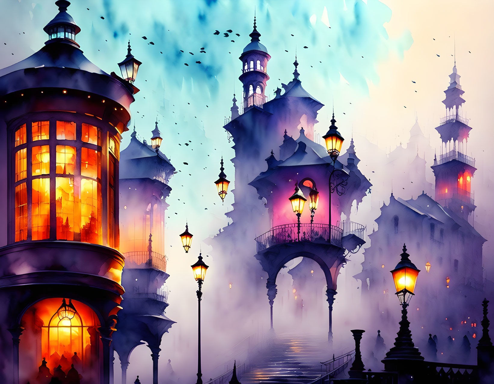 Illustration of luminous lanterns lighting mystical castle & bridges under dreamy blue sky.