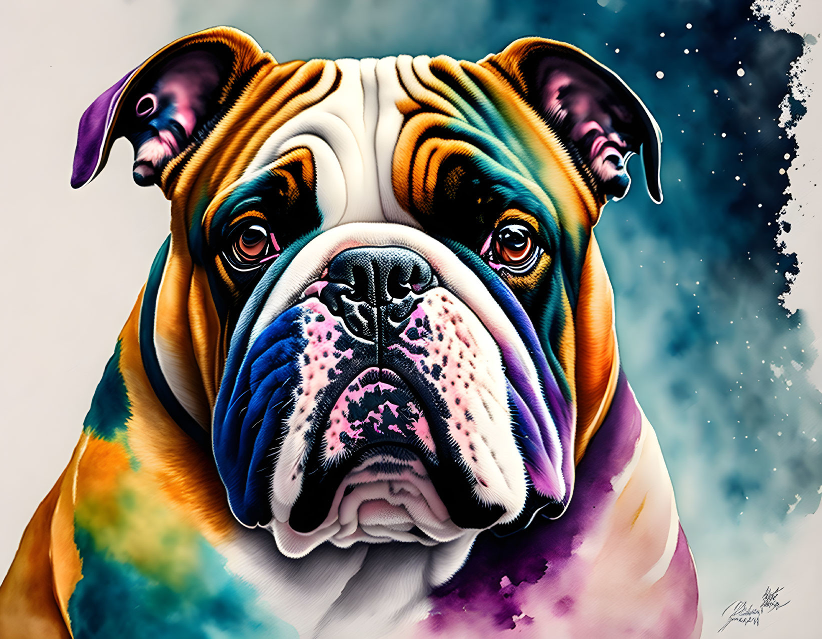 Vibrant Bulldog Portrait with Colorful Stylized Features