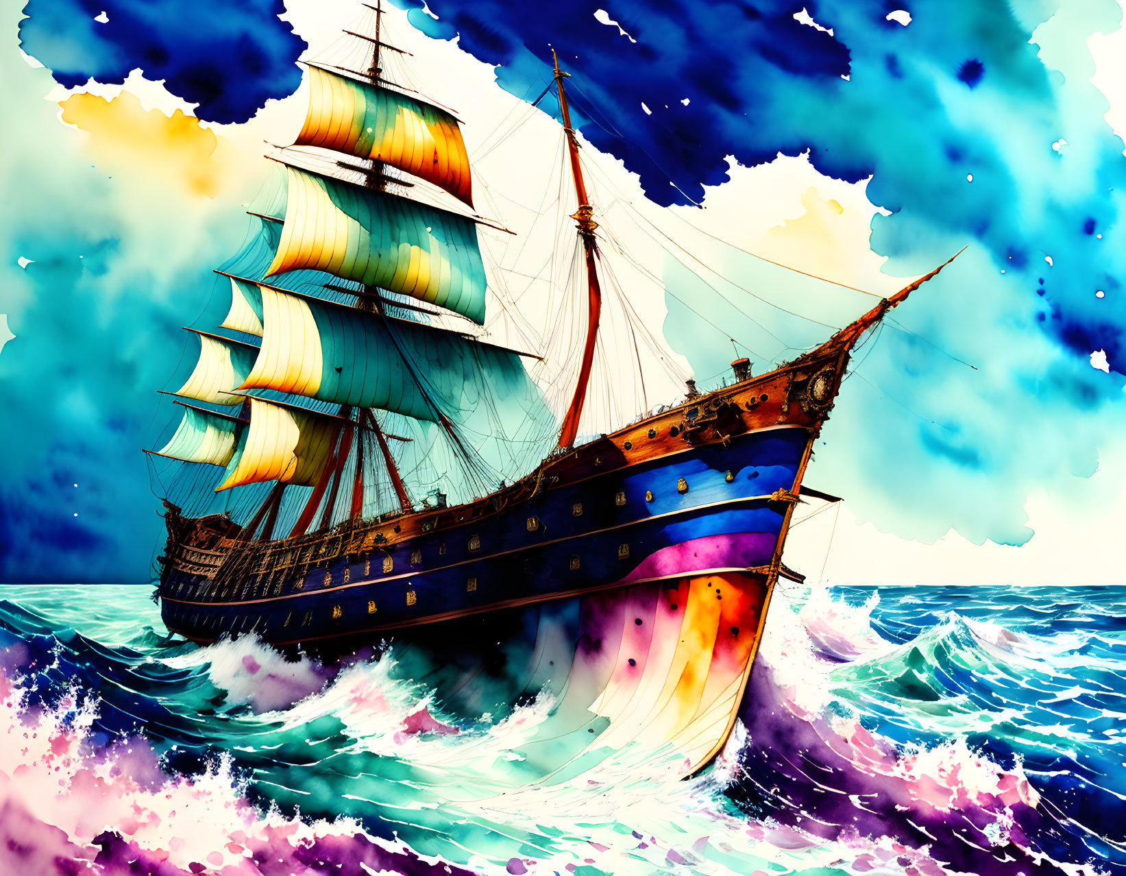 Illustration of tall ship sailing turbulent blue seas under vibrant sky